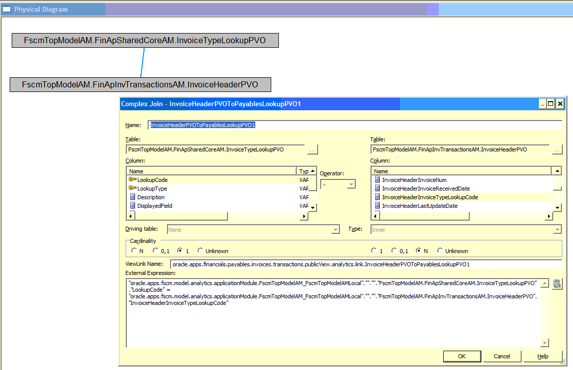 This screen shot displays the complex join View Link between view objects.
